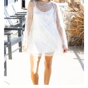 White Sheer Sequin Overlay Dress